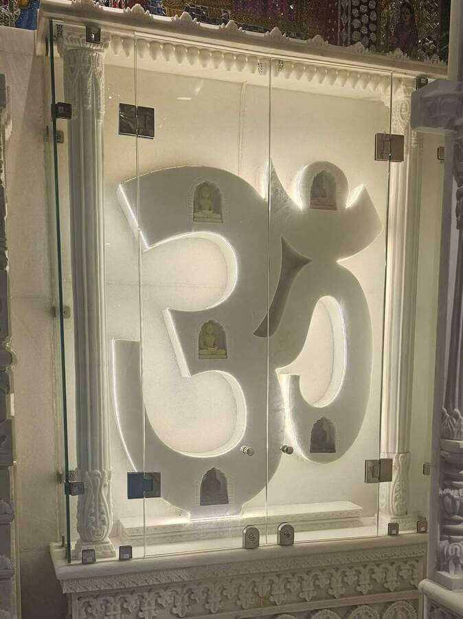 Marble Om Mural - Sacred Om Symbol Stone Wall Art for Jain Temple Pooja Room